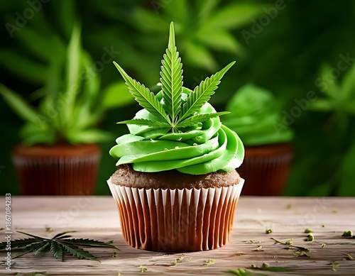 A vibrant green frosted cupcake is decorated with a cannabis leaf, set against a lush, leafy background
