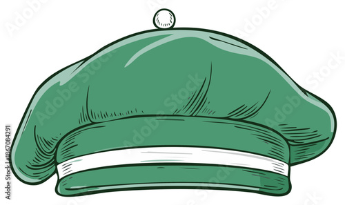 Hand drawn vector illustration of a traditional green Scottish tam o' shanter hat