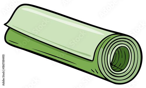 Rolled yoga mat cartoon illustration, green color, isolated on white background, fitness concept
