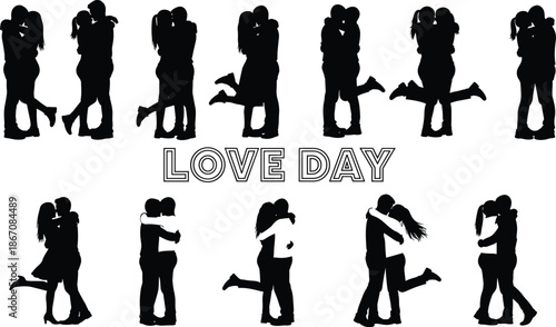 Love Day romantic silhouette collection with couples hugging, kissing and embracing in multiple poses celebrating affection, passion and relationship moments