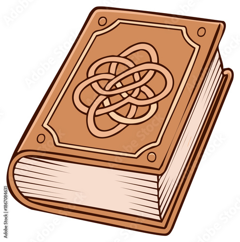 Mysterious medieval grimoire with an intricate interwoven Celtic knot design on the brown cover