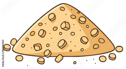 Pile of cartoon textured cheese crumbs and chunks with small holes