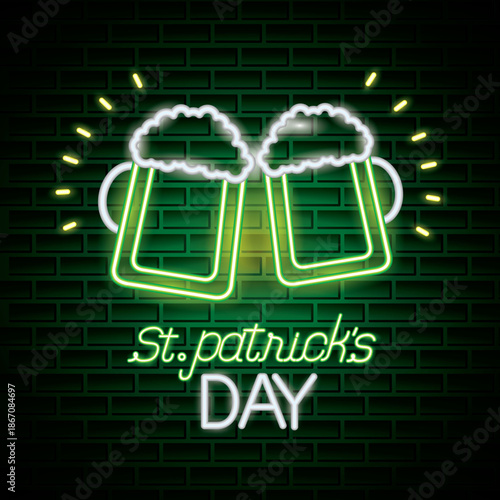  Glowing neon sign featuring two clinking beer mugs on a dark brick wall background. A festive electric display for St. Patrick's Day pub celebrations, nightlife, and bar promotions.
