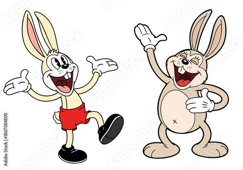 Happy gray cartoon rabbit jumping with excitement and joy.