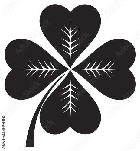 Graphic Design of a Black Four Leaf Clover with White Leaf Veins