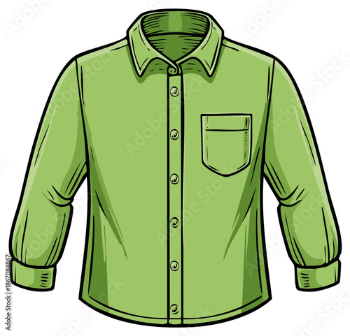 Stylized Light Green Long Sleeve Shirt with Buttons and Pocket Design, Clothing Illustration