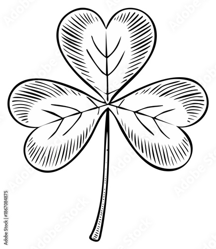 Engraved three leaf clover with detailed veins and stem