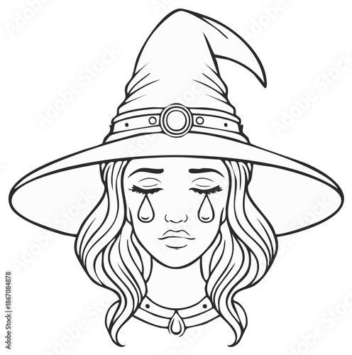 Portrait of a sad crying witch with closed eyes and tears wearing a pointed hat black and white line art