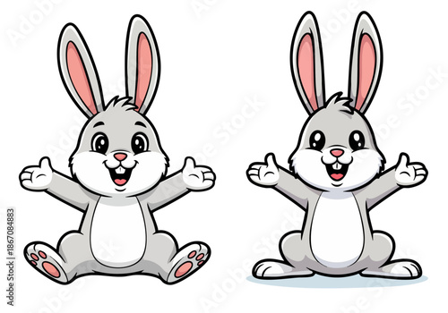 Happy cartoon bunny rabbit with arms raised in excitement