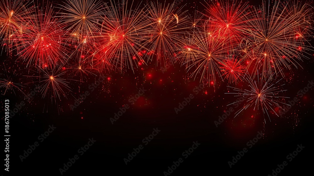 Obraz premium Red and Gold Fireworks Celebration Background with Copy Space