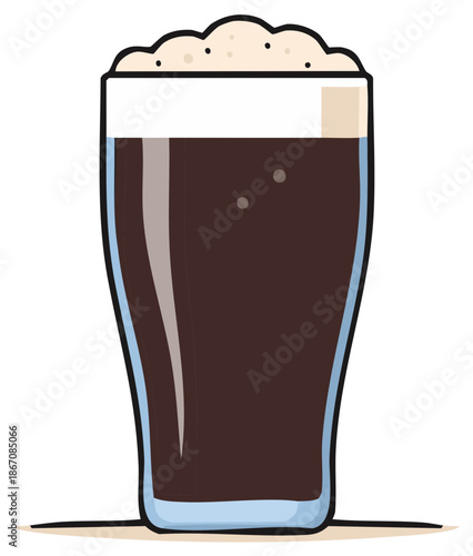 Stylized illustration of a glass of dark beer, foamy head and drink.