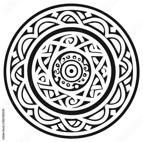 Intricate black and white circular mandala with spiritual tribal patterns and decorative knotwork