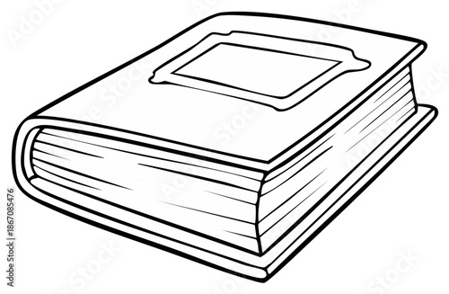 Closed Book with Ornamental Frame Outlined in Black and White Illustration