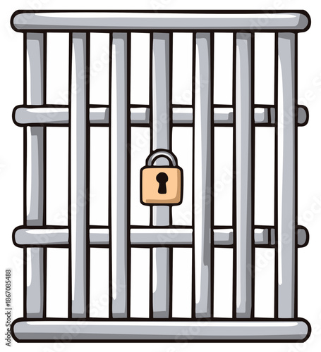 Cartoon steel jail bars with yellow lock, prison bars locked with padlock, symbol of detention security