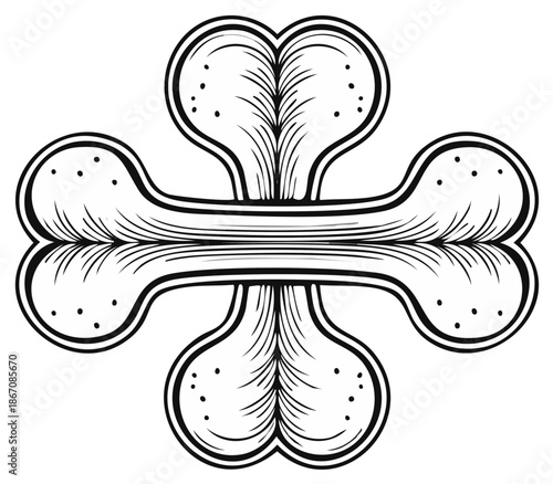 Stylized bone cross design, decorative symbol, illustrated in black and white.