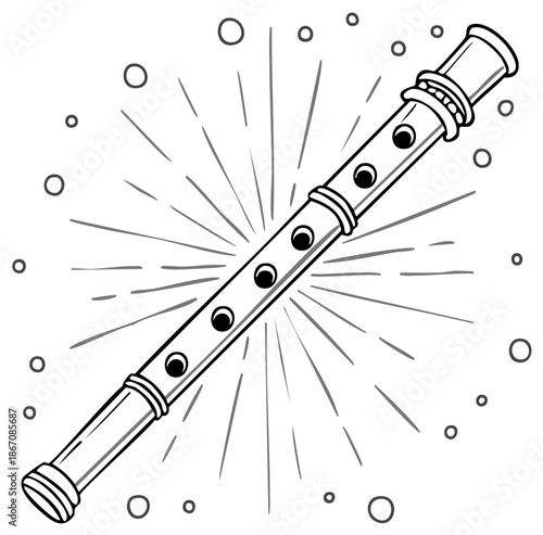 Simple Line Art of a Recorder Instrument with Bursting Sun Rays and Bubbles