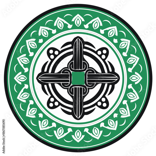 Intricate Celtic Knot Cross Emblem with Green Border and Stylized Floral Pattern