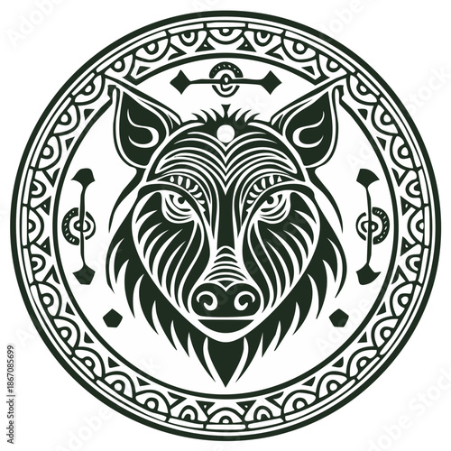 Stylized Wild Boar Head Medallion with Tribal Ornate Patterns Emblem Vector Illustration