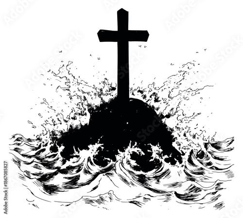 Hand drawn line art illustration of a cross on a rocky outcrop depicting crashing ocean waves for themes of faith and resilience