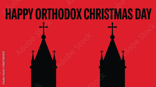 Happy Orthodox Christmas Day religious greeting with black church silhouettes and crosses on red background minimalist christian holiday illustration