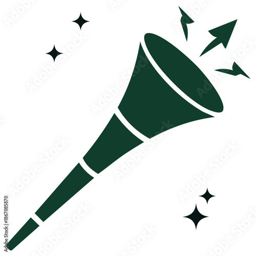 Iconic dark green celebratory horn producing cheerful sound waves and sparkling elements