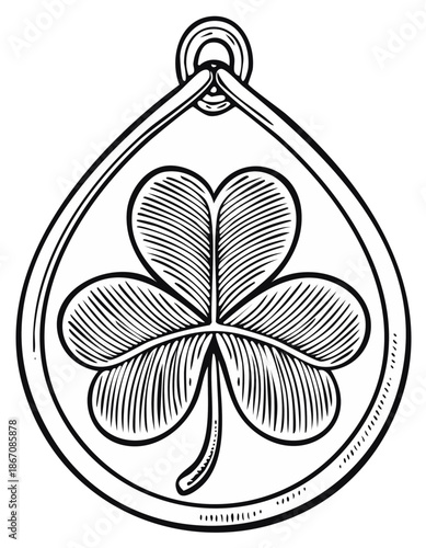 Shamrock clover leaf good luck charm pendant in a vintage woodcut drawing style
