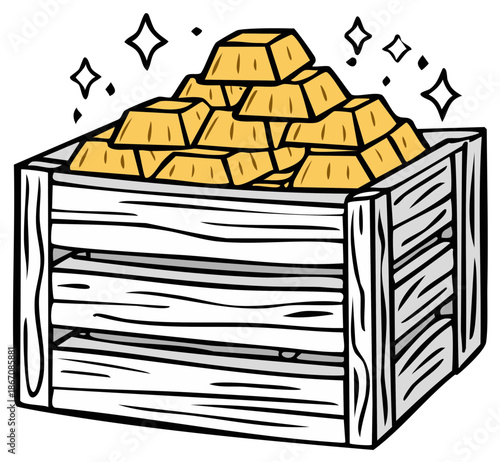 Pile of Shiny Gold Bars in a Wooden Crate