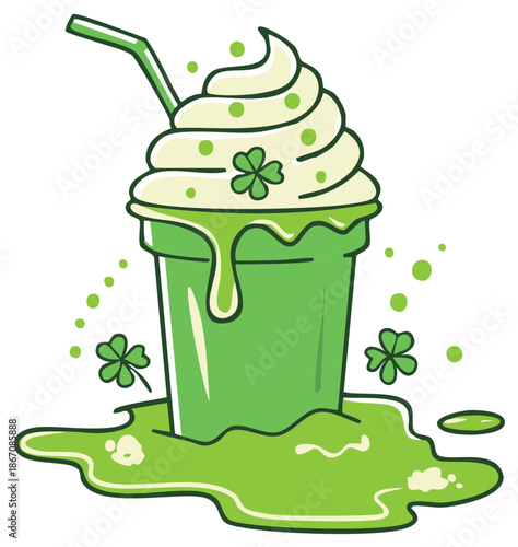 Green shamrock milkshake spilling from a cup with whipped cream and a straw celebrating Irish culture