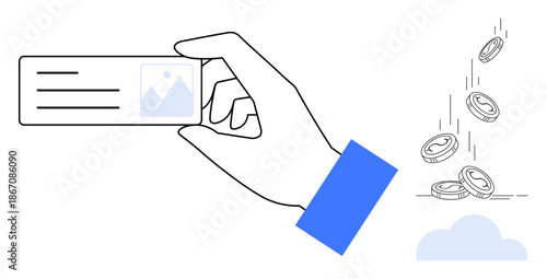 Digital transactions, financial technology, e-wallets, online payments, cashless economy, fintech. Hand holding a card and coins falling into a cloud. Digital transactions and financial technology