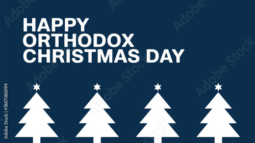 Happy Orthodox Christmas Day minimalist holiday greeting with white pine trees and stars on dark blue background modern vector design