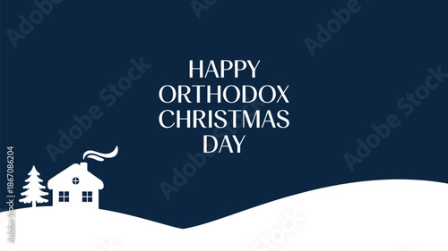 Happy Orthodox Christmas Day winter night illustration with snowy church village landscape blue background