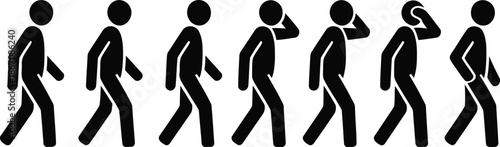 A sequence of black stick figures walking, some appearing to be talking on a mobile phone