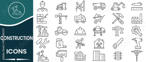 Construction line icon vector set. Icon for  building, architecture, engineering, contractor, site, crane, build, bulldozer, skyscraper, scaffold, bricklayer and more. Vector illustration.