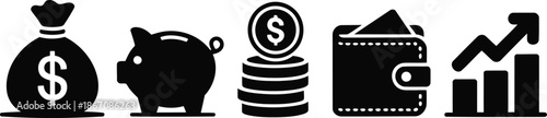 A series of black financial icons depicting money, saving, and increasing economic performance indicators