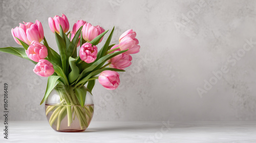 Bouquet of fresh pink tulips in a clear glass round vase on a grey surface against a textured wall, elegant spring floral arrangement for home decor and holiday celebration