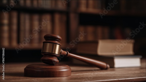 Wallpaper Mural Close-up of a judge’s gavel resting on the courtroom bench beside statute books, representing authority, final judgment, and the weight of legal decisions. cinematic color correction, natural Torontodigital.ca