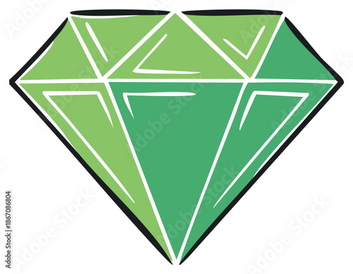 Hand drawn cartoon illustration of a precious green diamond gemstone