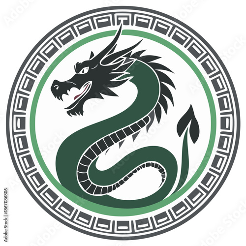 Stylized green dragon illustration in circular traditional pattern frame emblem