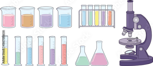 Laboratory equipment illustration set with microscope beakers test tubes flasks colorful liquid science experiment flat vector design