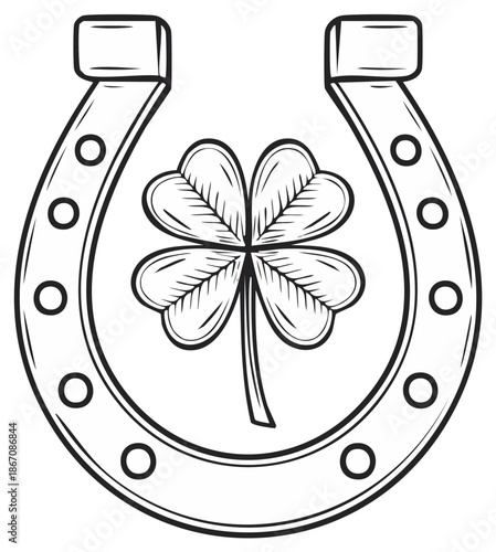 Horseshoe and four leaf clover drawing for luck, symbol of Irish heritage, St. Patrick's Day, outline illustration, good luck talisman or charm.