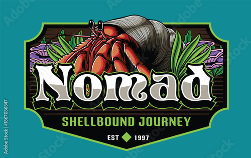 A detailed hand-drawn illustration of a hermit crab with the text "Nomad" for the logo.