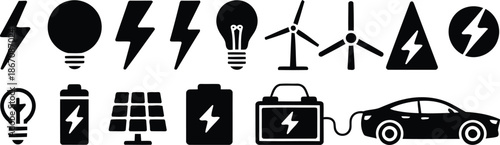A set of black silhouette icons representing various energy sources and electrical power concepts on white