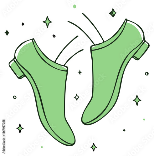 Whimsical cartoon illustration of a pair of green ballet flats appearing to float amongst sparkling stars.