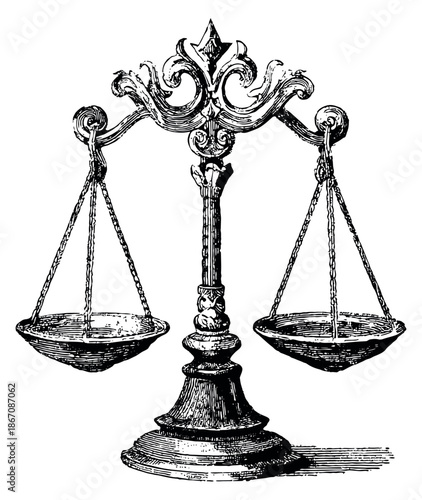 Vintage hand drawn line art illustration of a balance scale depicting equilibrium for legal concepts and justice