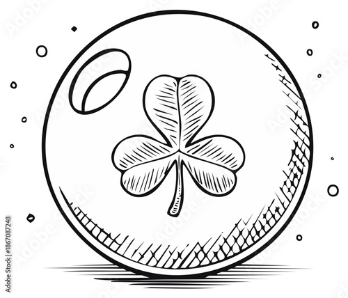 Black and white sketch of a shamrock inside a circular glass orb with decorative speckles