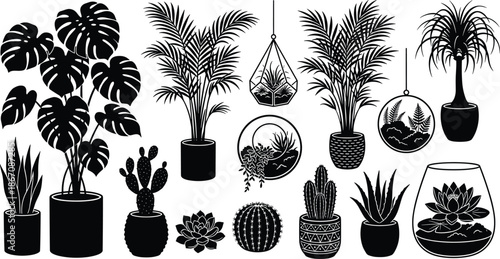 Black silhouette houseplant illustration set with tropical plants succulents cacti terrariums modern botanical decor flat vector collection