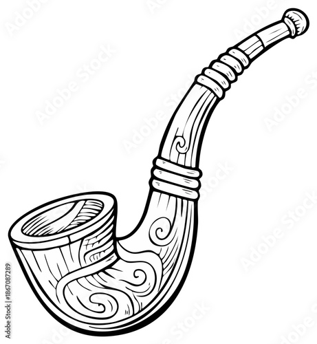 Detailed black and white illustration of a classic smoking pipe with decorative wood grain and swirling patterns.