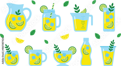 Fresh lemonade illustration set with glasses pitcher ice mint lime slices summer drink flat design icons for refreshment branding