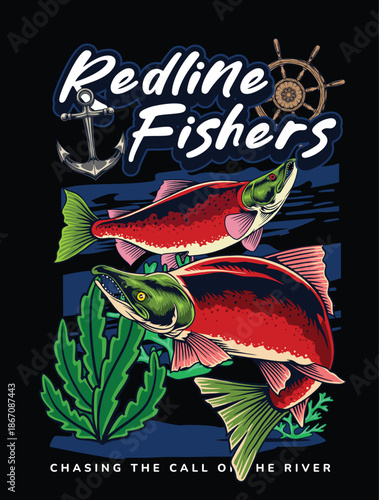 Sockeye salmon illustration in detailed hand drawn style available for tshirt design