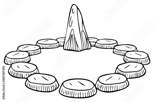 Abstract illustration of bottle caps arranged in a circular pattern around a central object.